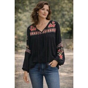 ANDREE BY UNIT Johnny embroidered black tunic blouse shirt top s small Bell Slv